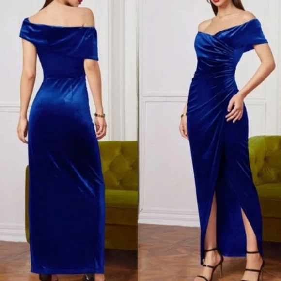Luxurious off shoulder wrap evening formal party wedding prom velvet maxi dress - Picture 2 of 7
